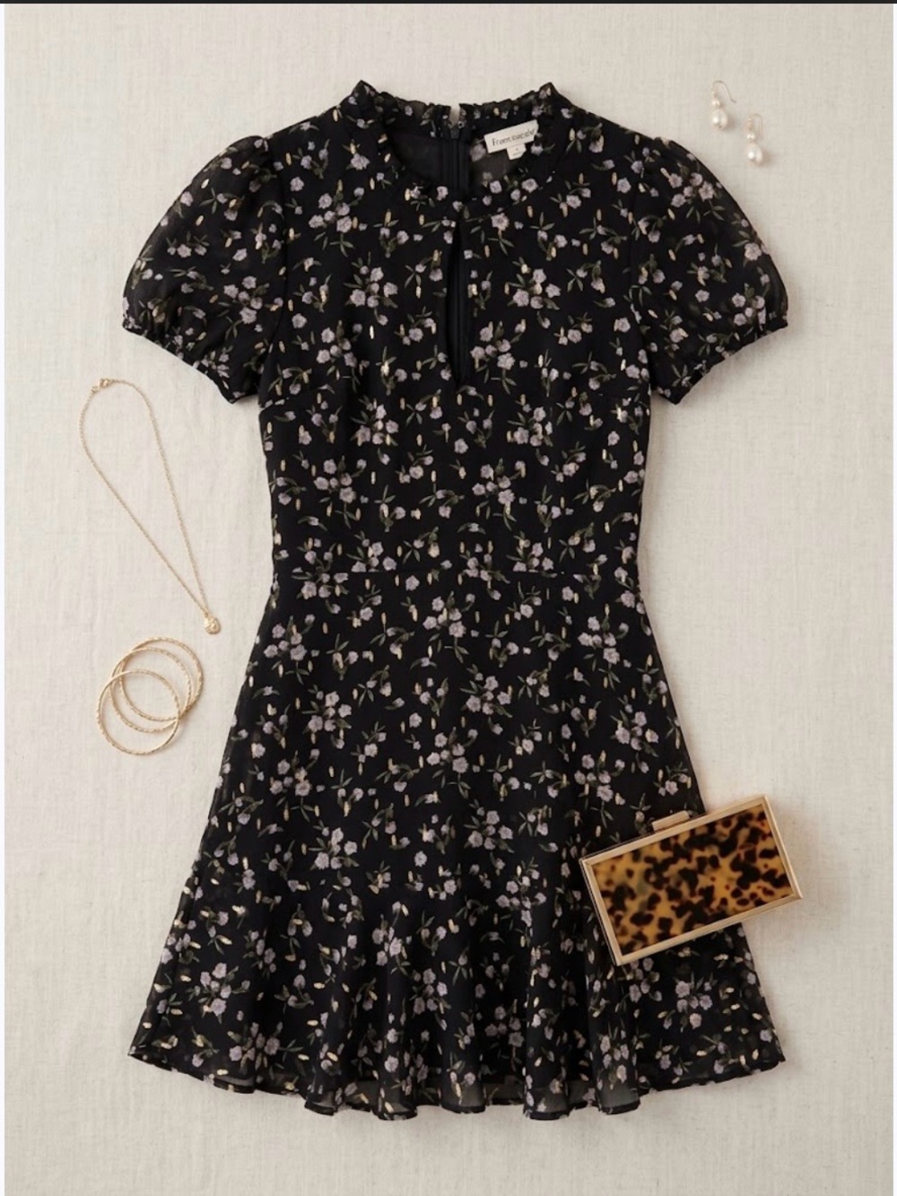 Francesca's Black Floral Dress with Pink Blossoms and Gold Accents